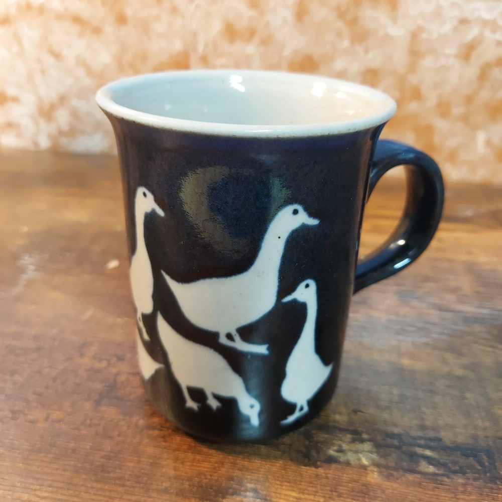Vintage Style Cobalt Blue Stoneware Mug with White Geese Folk Art Design 4x3"